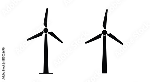 Simple depiction of two black wind turbines against a white background
