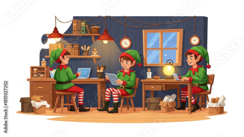 Vector illustration of elves working in Santa's workshop, cartoon design.