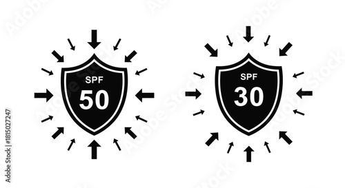 Two shield icons displaying spf 50 and spf 30 with surrounding arrows