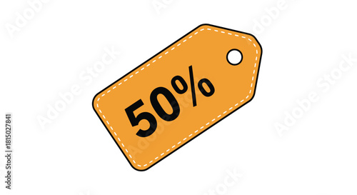 An orange price tag displays a bold fifty percent offer symbol