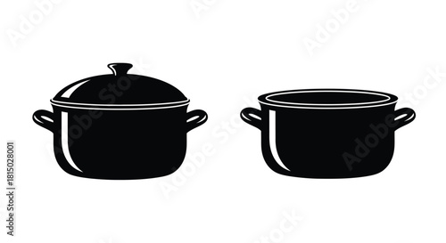 Black and white illustration of two cooking pots with handles and lids