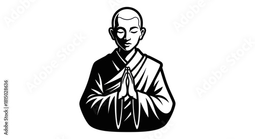Monk meditating with hands clasped in prayer pose.