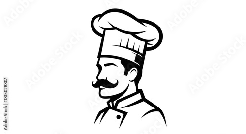 Black and white profile illustration of a professional male chef with a mustache.