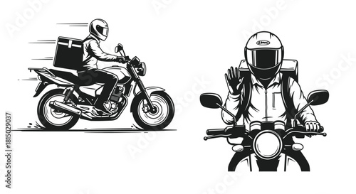 Motorcycle delivery riders in black and white showcasing rapid food transport