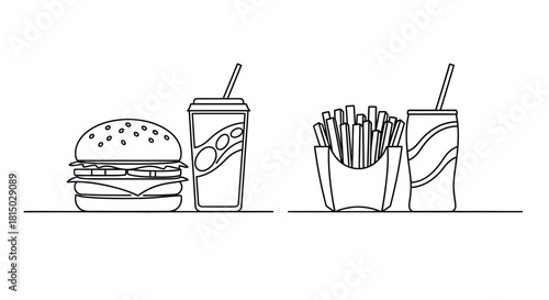 Simple line drawing of a burger fries and two soft drinks