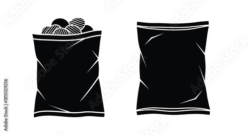 Black and white illustration of potato chip bags one full and one empty