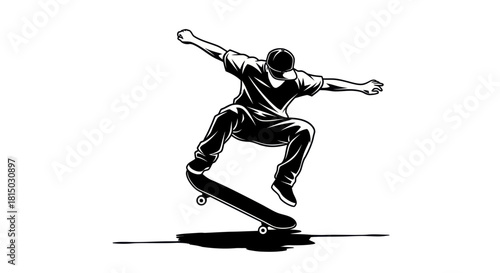 Skateboarder performing a trick mid air with arms outstretched for balance.