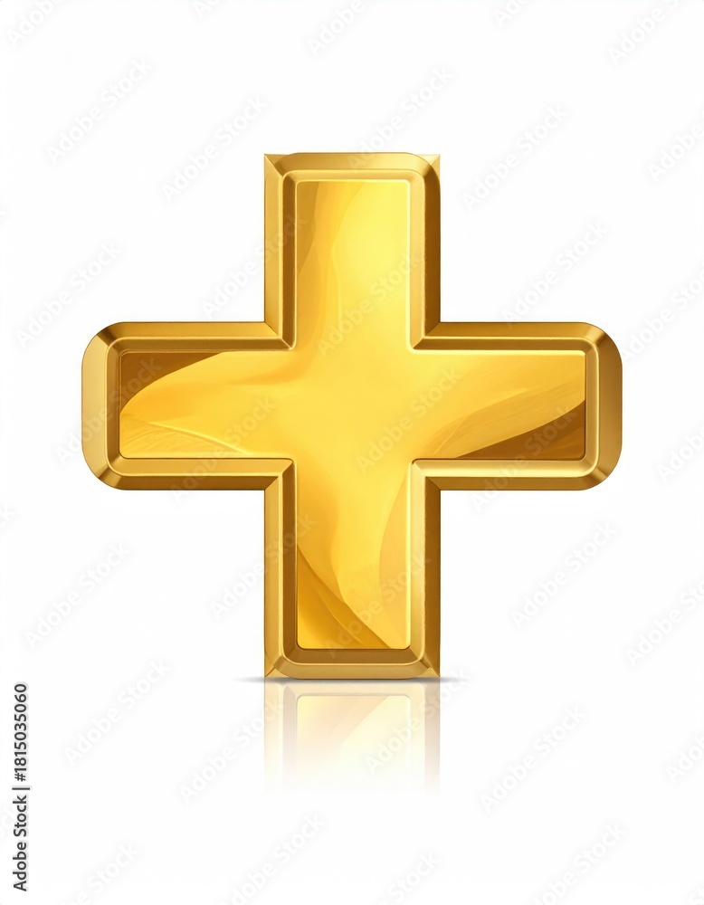 Fototapeta premium Gleaming golden plus sign with reflection