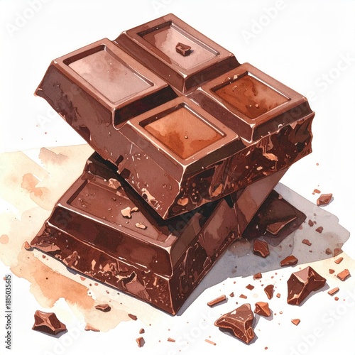 Stack of chocolate squares, rustic watercolor style