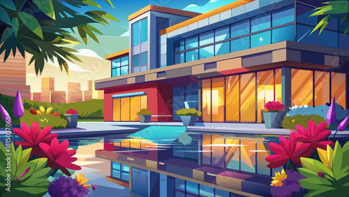 Very beautiful high-resolution photo of an office exterior featuring reflective water elements and vibrant flowers, creating a welcoming, modern, and aesthetically pleasing workspace environment.