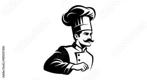 Monochrome Illustration of a Chef with a Tall Hat and Moustache.