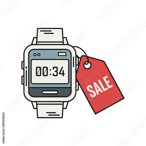 Digital smartwatch with red sale tag showing time for limited offer and discount promotion