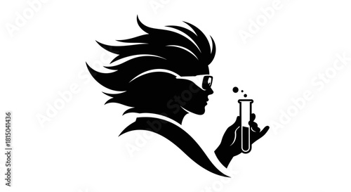 Silhouette of a scientist with wild hair and goggles holding a test tube.