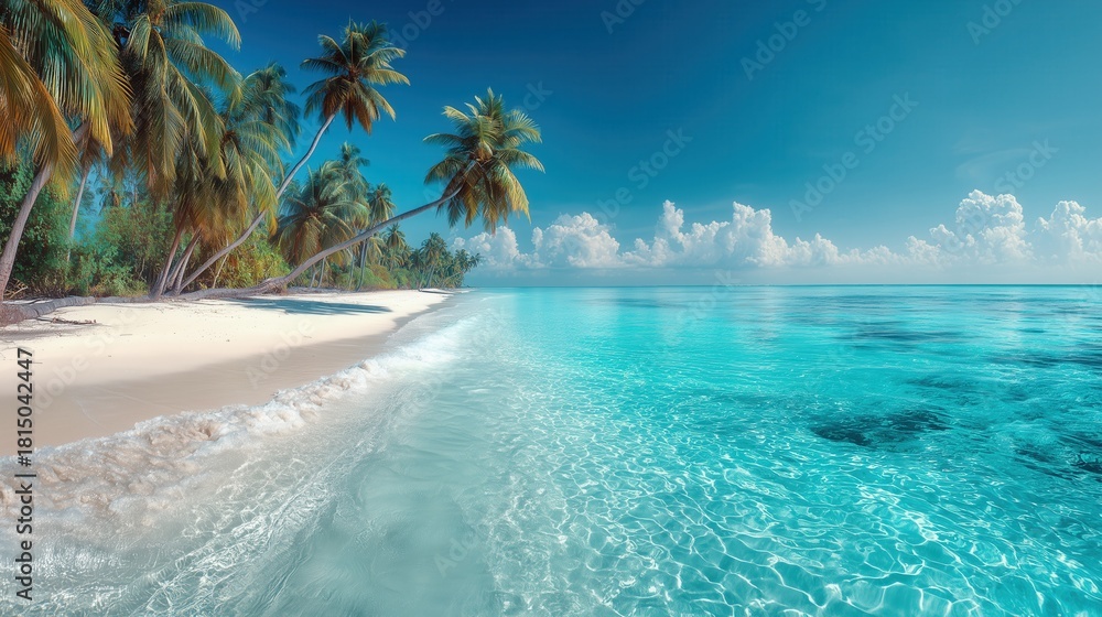 Naklejka premium Holiday Travel Concept Landscape Featuring Sunny Blue Sky, White Beach, And Tropical Palm Trees