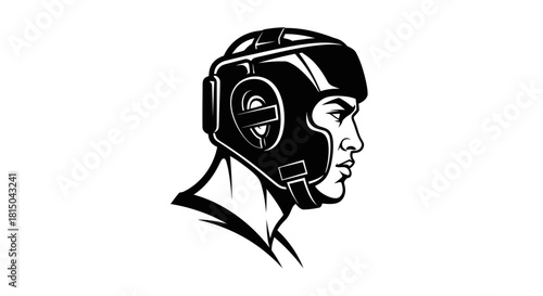 Boxer in profile wearing protective headgear ready for competition and training.