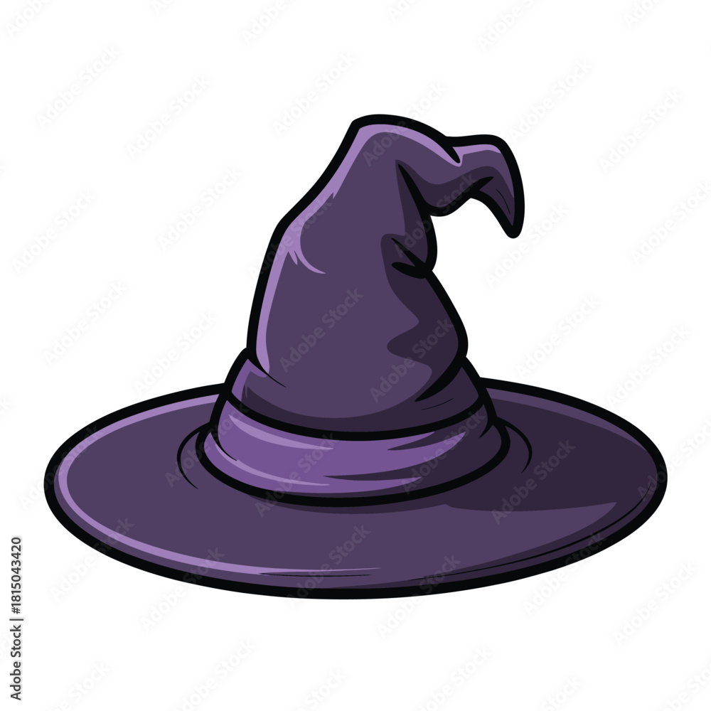 Fototapeta premium A classic purple witch hat with a wide brim and pointed crown, perfect for halloween costumes and magical themes, isolated on