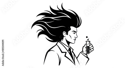 Mad scientist with wild hair holding a bubbling test tube.