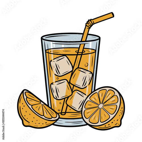 Illustration of a glass of lemonade with ice cubes and a straw, accompanied by lemon slices, isolated on refreshing summer drink concept