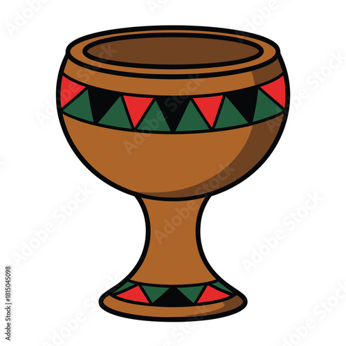 Illustration of a brown chalice with red and green triangular patterns around the rim and base, isolated on the chalice has a classic shape