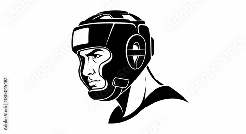 Determined Boxer in Protective Headgear Ready for the Fight.