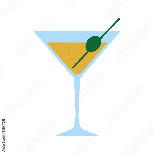 A classic martini glass with a yellow liquid and a green olive on a toothpick, isolated on the glass has a light blue tint