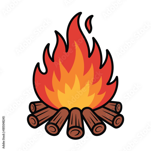 A vibrant cartoon illustration of a blazing campfire with logs and flames, isolated on, perfect for camping themes and outdoor adventures