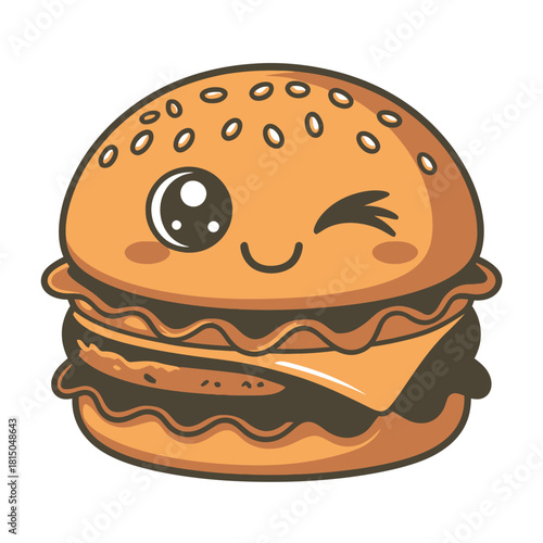 Cute burger cartoon isolated on a kawaii burger with a smiling face and winking eye, perfect for foodrelated designs and illustrations