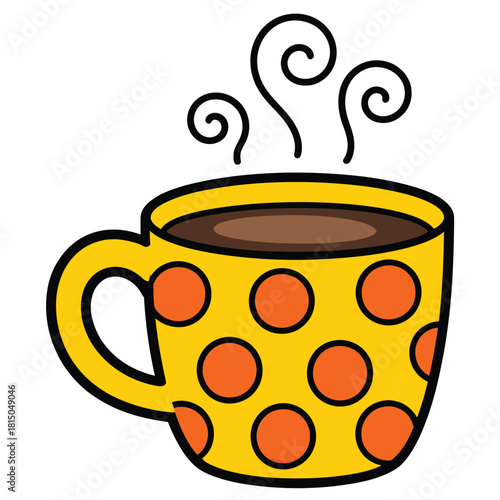 Cute yellow polka dot mug with hot coffee isolated on concept of a warm and comforting beverage, morning routine, and the simple pleasures of life