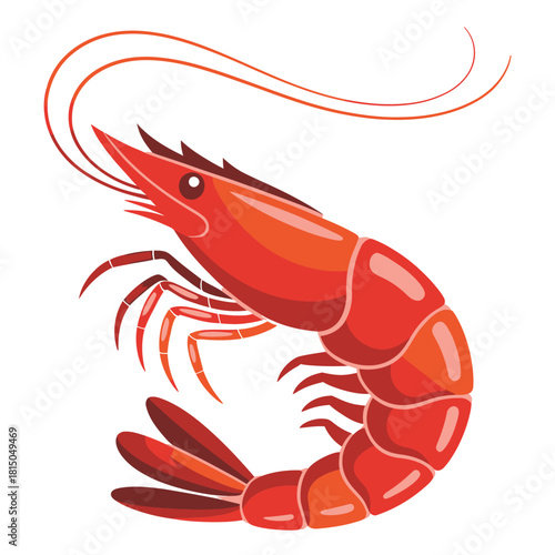 Illustration of a vibrant red shrimp, isolated on, showcasing its curved body, delicate legs, and long antennae, perfect for seafood menus or culinary designs