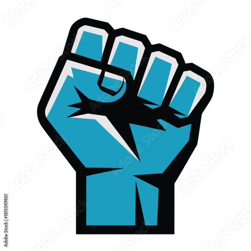 Illustration of a blue clenched fist raised in protest, isolated on symbolizing power, resistance, solidarity, and determination in social justice movements