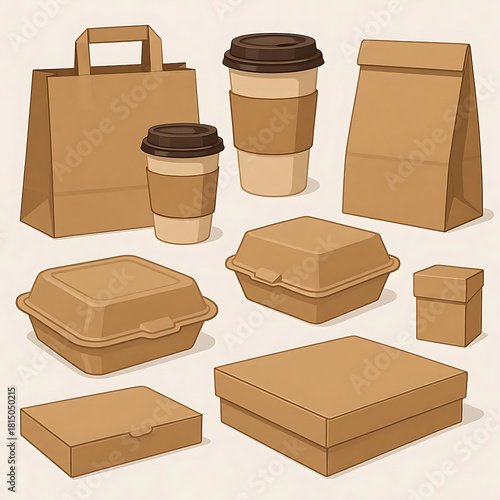 Take away packaging set. Collection of food container, paper bags, coffee cups, cardboard boxes. Cafe, restaurant delivery concept. Vector illustration.