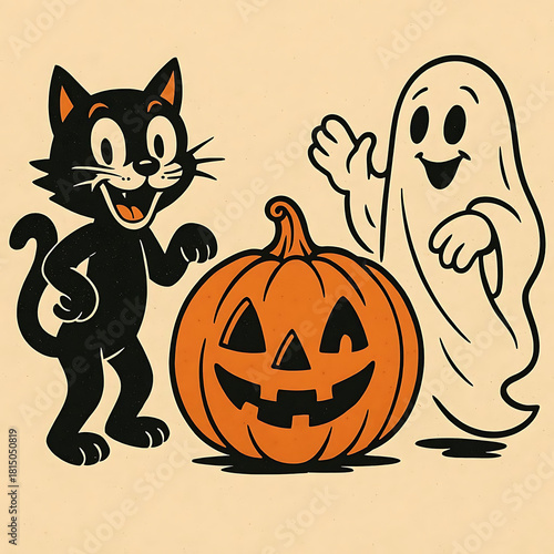 Retro Halloween characters set. Cartoon comic cat, pumpkin and ghost collection. Vector illustration.