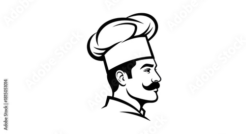 Chef profile silhouette with mustache and tall hat in black and white.