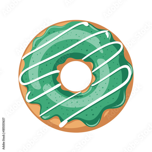 A delicious donut with green frosting and white drizzle, isolated on a sweet treat perfect for a snack or dessert, a delightful indulgence