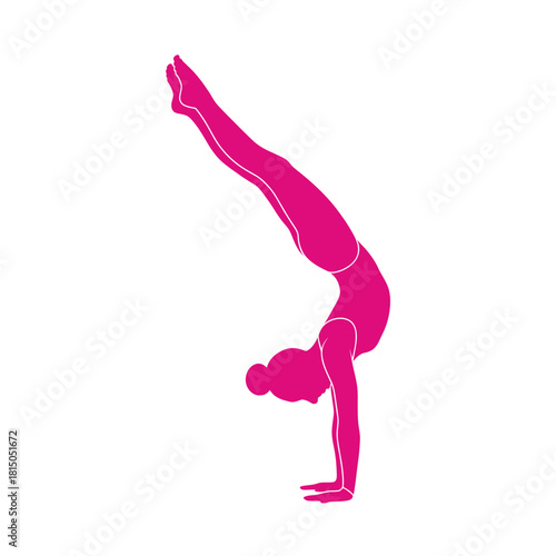 A pink silhouette of a gymnast performing a handstand, showcasing strength, balance, and flexibility, isolated on a dynamic representation of athleticism