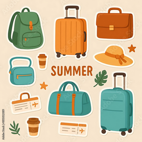 Summer stickers set. Types of baggage for airport collection. Rucksack, suitcase, briefcase and other travel bags, hand luggage and elements. Modern cartoon concept. Vector illustration.