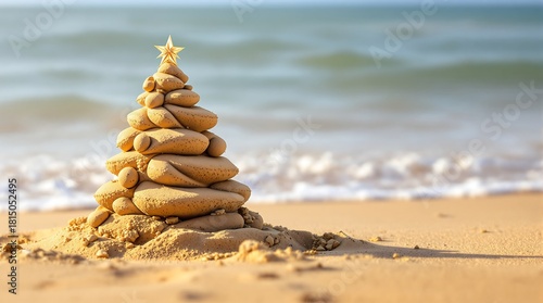 Fototapeta Naklejka Na Ścianę i Meble -  Sand Christmas tree on tropical beach with star decoration during the day
