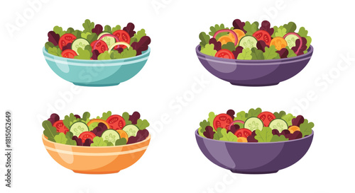 Colorful fresh vegetable salads in different bowls a healthy food illustration