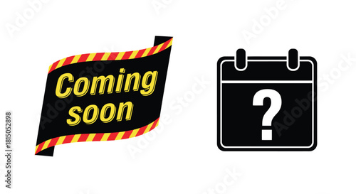 Coming soon announcement with a calendar and question mark graphic