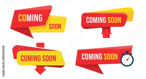 Colorful coming soon ribbon banners and labels with a clock icon