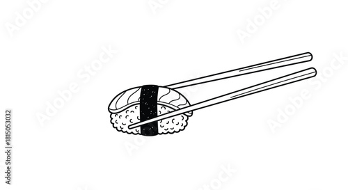 A simple black and white illustration of nigiri sushi with chopsticks