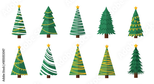 Collection of Festive Christmas Trees with Decorations and Star Toppers.