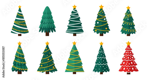 Collection of Decorated Christmas Trees with Star Toppers.