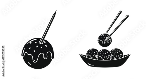 Black and white illustration of takoyaki balls with chopsticks and a plate