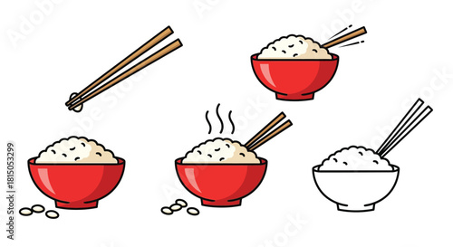 Cartoon illustration of red and white bowls filled with rice and chopsticks