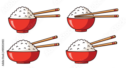 Four red bowls filled with white rice and chopsticks illustration