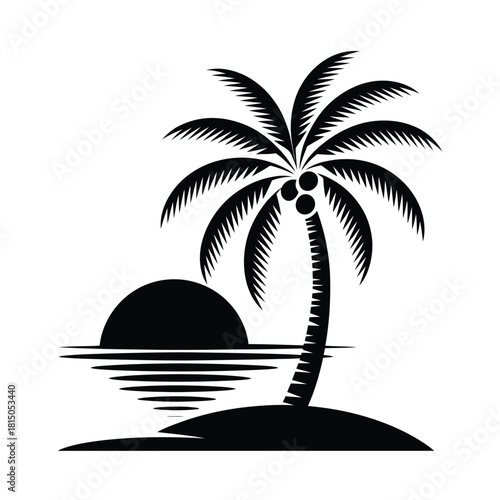 Silhouette of a palm tree on a tropical island with a sunset over the ocean, isolated on, creating a serene and idyllic scene