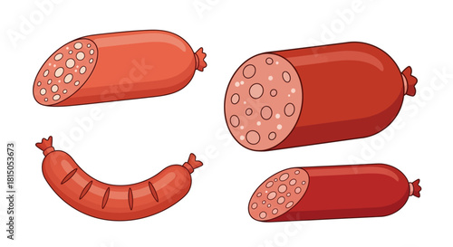 Illustration of various sausages whole sliced and curved depicting different forms