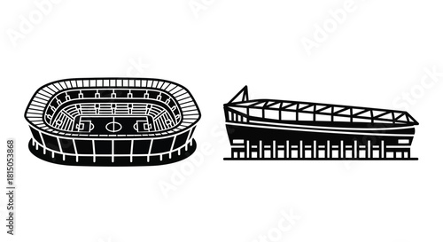 Black and white illustration of a stadium and a ship side by side