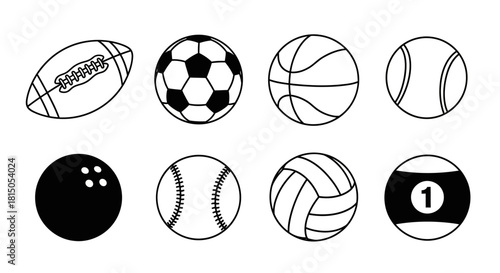 Collection of Various Sports Balls in Black and White Outline.